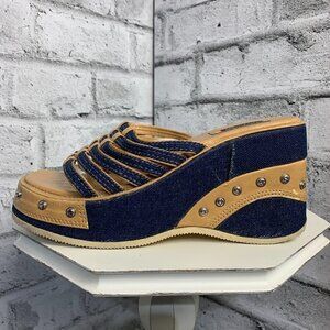Vintage Y2K Denim Faux Leather Square Open Toe Platform Wedge Sandal